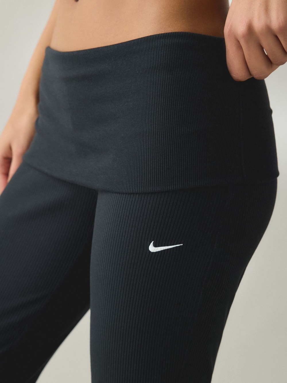 Nike Black Ribbed Fold-Over Waist Leggings with White Swoosh